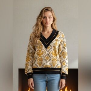 Elegant Cream and Gold V-Neck Sweater